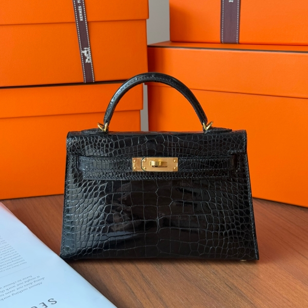 【エルメス HERMES】ミニケリー2 ブラック (89) クロコダイル アリゲーター マット ゴールド金具（100％手縫）